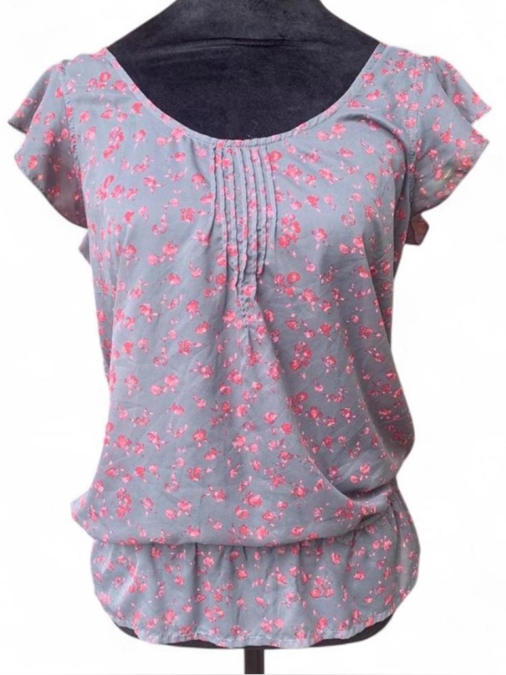 Romantic Gray & Pink Ditsy Floral Sheer Flutter Sleeve Top with Elastic Waist